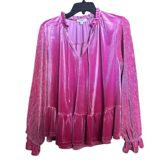 UMGEE Velvet Ruffle Tie Collar Top Womens Medium Pink Tiered Long Sleeve Blouse - Picture 1 of 9